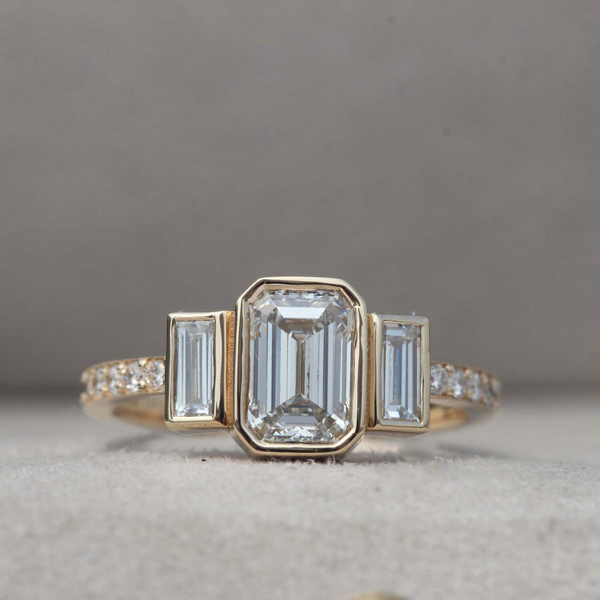 3 Ct Colorless Emerald Cut Moissanite Three Stone Engagement Ring Vintage Style Wedding Ring