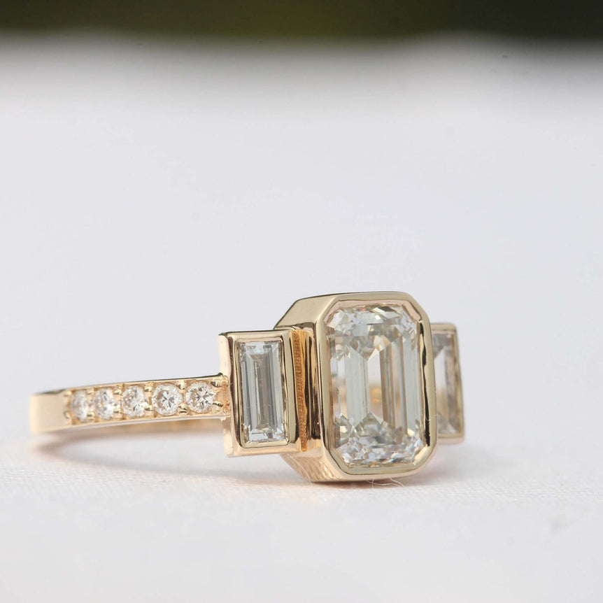 3 Ct Colorless Emerald Cut Moissanite Three Stone Engagement Ring Vintage Style Wedding Ring