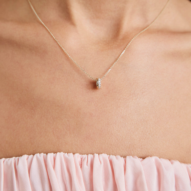 Diamond Bead Charm Necklace Pave Diamond Rondels Pendant Sparkling Lab Grown Diamond Minimalist Everyday Charm Necklace
