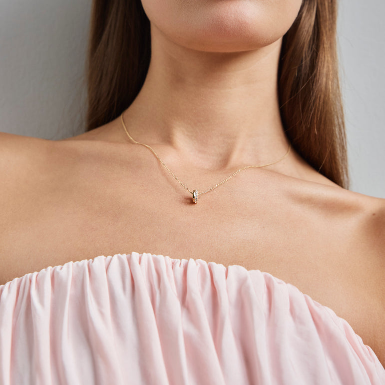 Diamond Bead Charm Necklace Pave Diamond Rondels Pendant Sparkling Lab Grown Diamond Minimalist Everyday Charm Necklace