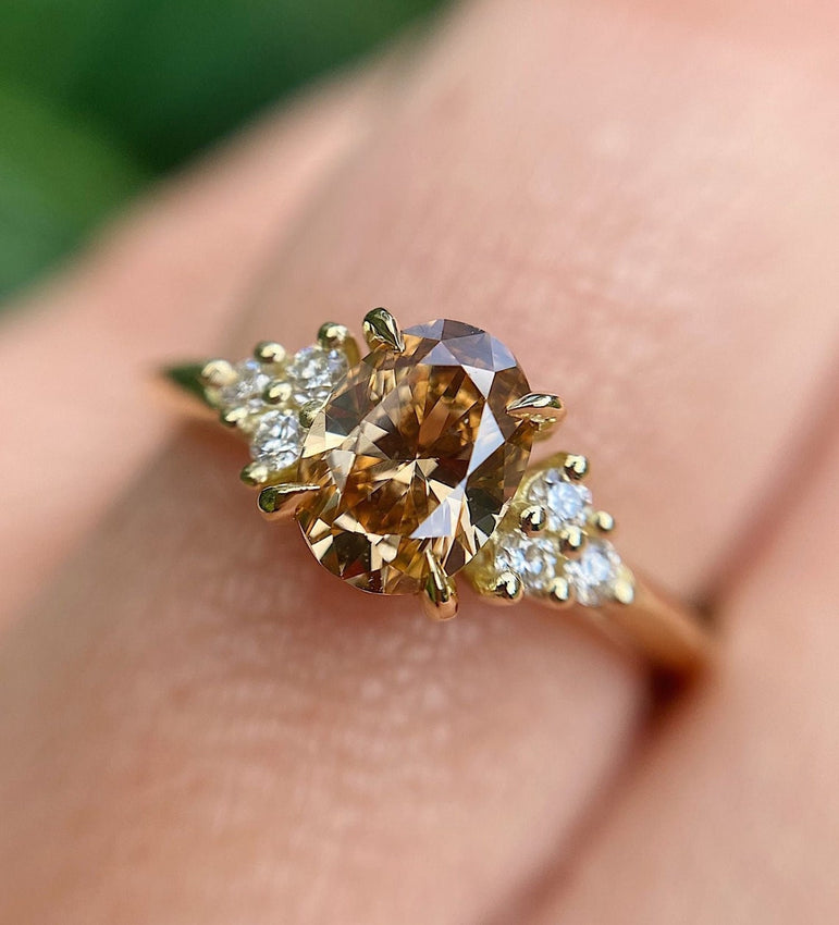 Brown Oval Cut Moissanite Cluster Engagement Ring