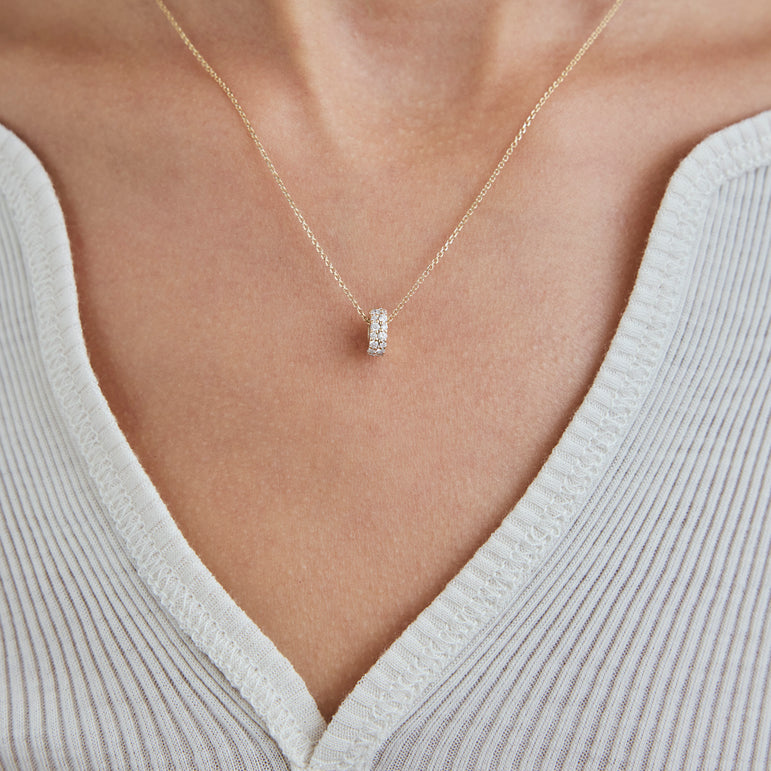 Pave Diamond Rondels Bead Pendant Necklace Sparkling Lab Grown Diamond Minimalist Solitaire Everyday Wear Charm Necklace