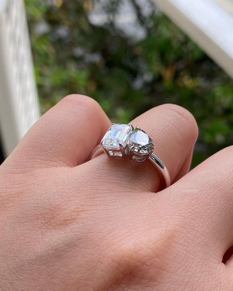 Two Stone Moissanite Engagement Ring Grey Pear & White Emerald Moissanite Toi Et Moi Ring