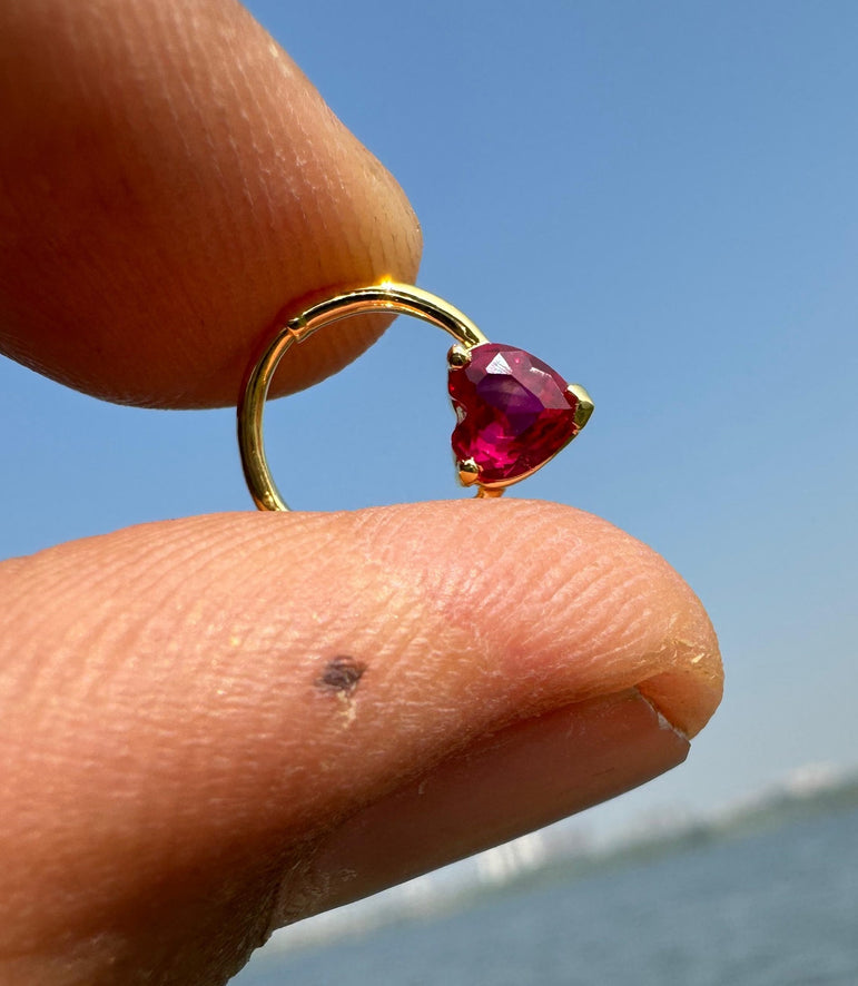 Ruby Heart Diamond Septum Ruby Crystal Helix Jewelry Dainty Love Hoop Earrings Pave Heart Ruby Earrings