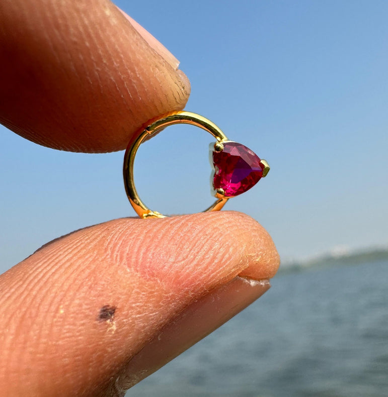 Ruby Heart Diamond Septum Ruby Crystal Helix Jewelry Dainty Love Hoop Earrings Pave Heart Ruby Earrings