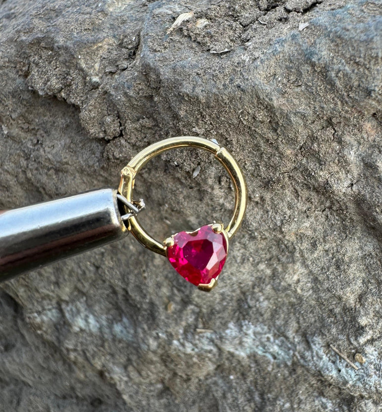 Ruby Heart Diamond Septum Ruby Crystal Helix Jewelry Dainty Love Hoop Earrings Pave Heart Ruby Earrings