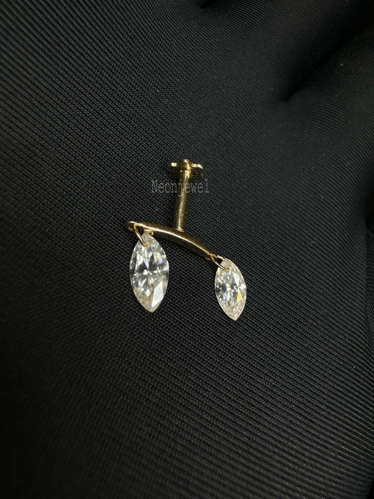 Margaret Floating Double Marquise Diamond Drape Threaded Stud Earring 14k Solid Yellow Gold Stud