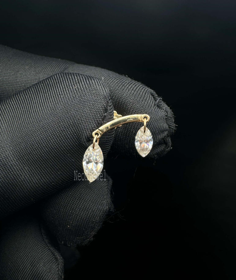 Margaret Floating Double Marquise Diamond Drape Threaded Stud Earring 14k Solid Yellow Gold Stud