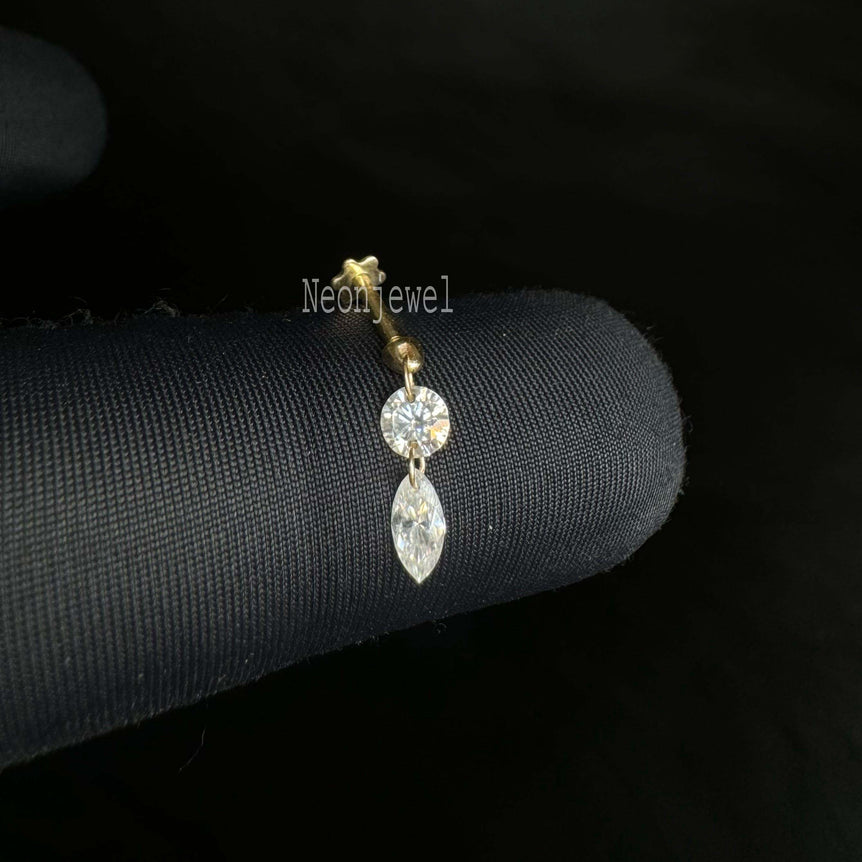 Floating Double Diamond Threaded Charm Earring 10k Gold Marquise & Round Dangle Diamond Stud Double Diamond Helix Flat Ear Set Up Stud
