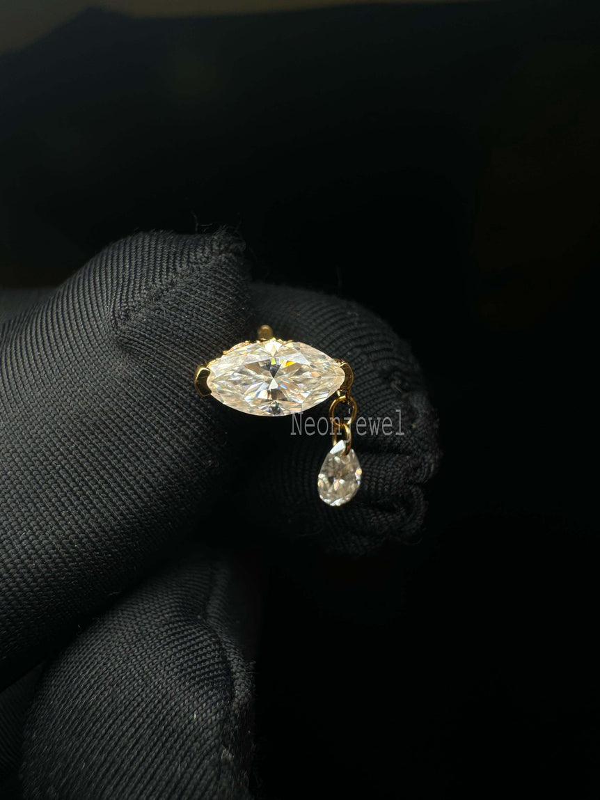 Adeline Single Teardrop Marquise Diamond Threaded Stud Earring 14K Gold Stud Earring Pear Dangle Drop Piercing