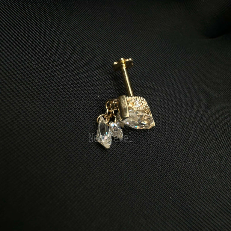 14K Gold Stud Earring Triple Teardrop Marquise Diamond Threaded Stud Earring Dangling Drop Pear Piercing