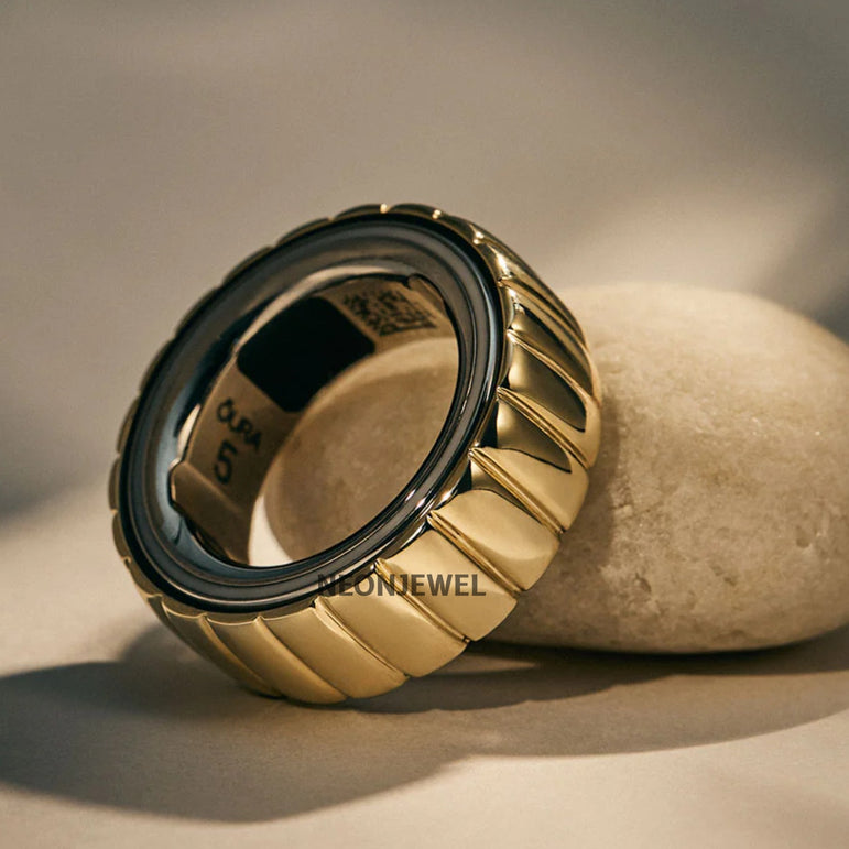 Gold Fluted Oura Ring Cover, Chunky Ribbed Protector for Smart Ring Jewelry Case