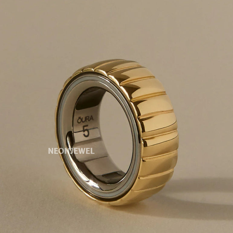 Gold Fluted Oura Ring Cover, Chunky Ribbed Protector for Smart Ring Jewelry Case