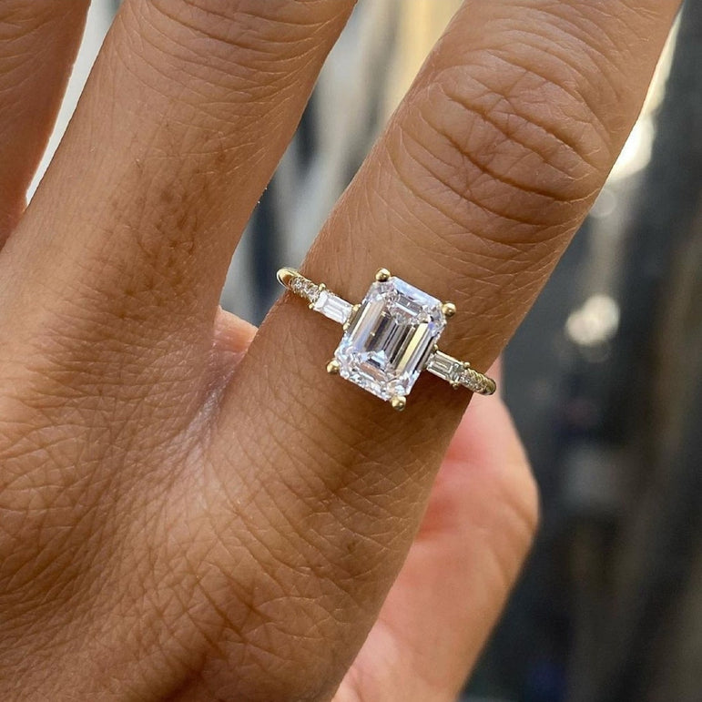 2.00 Ct Emerald Cut Moissanite Three Stone Engagement Ring