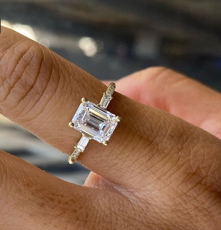 2.00 Ct Emerald Cut Moissanite Three Stone Engagement Ring