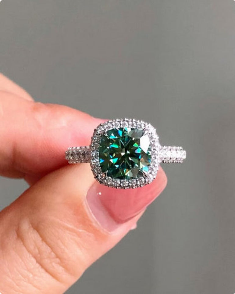 Blue Green Cushion Cut Moissanite Halo Engagement Ring Unique Anniversary Ring For Her