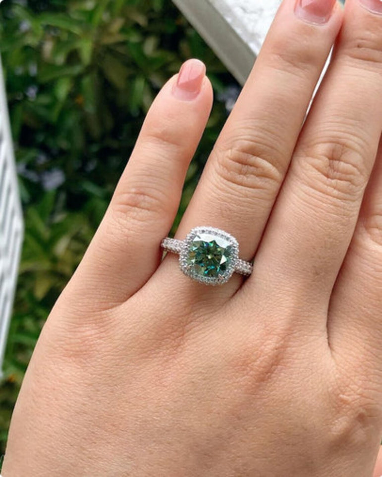 Blue Green Cushion Cut Moissanite Halo Engagement Ring Unique Anniversary Ring For Her