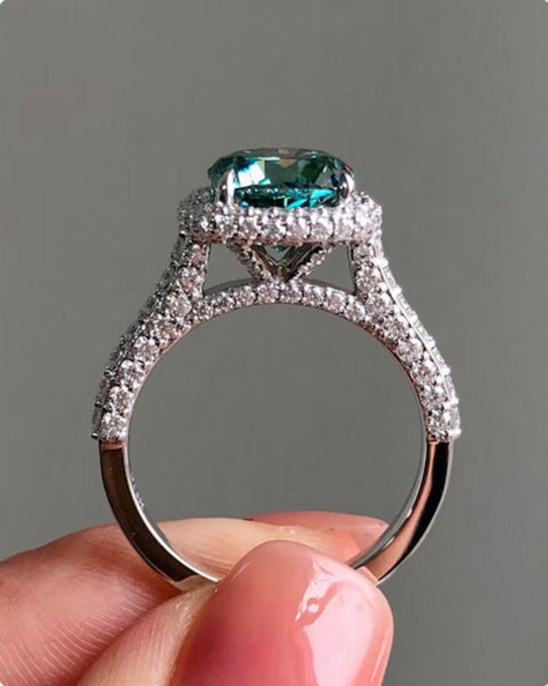 Blue Green Cushion Cut Moissanite Halo Engagement Ring Unique Anniversary Ring For Her