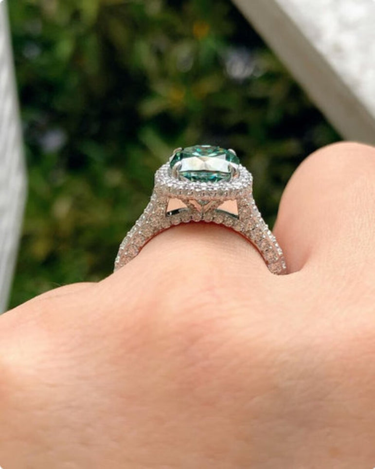 Blue Green Cushion Cut Moissanite Halo Engagement Ring Unique Anniversary Ring For Her