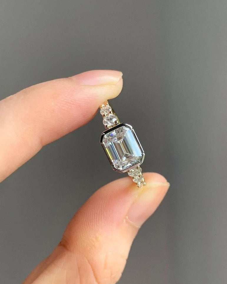 East West Emerald Cut Moissanite Vintage Engagement Ring Unique Anniversary Gift Ring