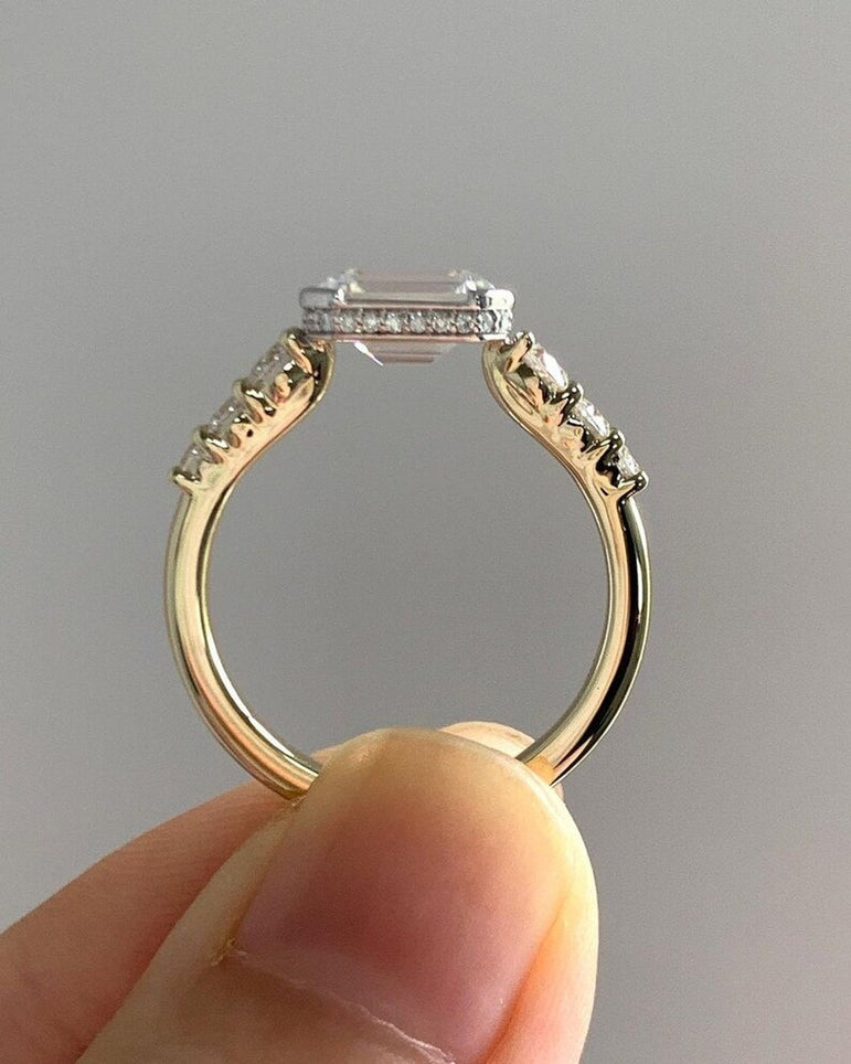 East West Emerald Cut Moissanite Vintage Engagement Ring Unique Anniversary Gift Ring