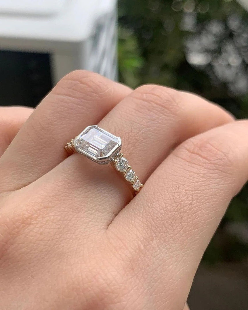 East West Emerald Cut Moissanite Vintage Engagement Ring Unique Anniversary Gift Ring