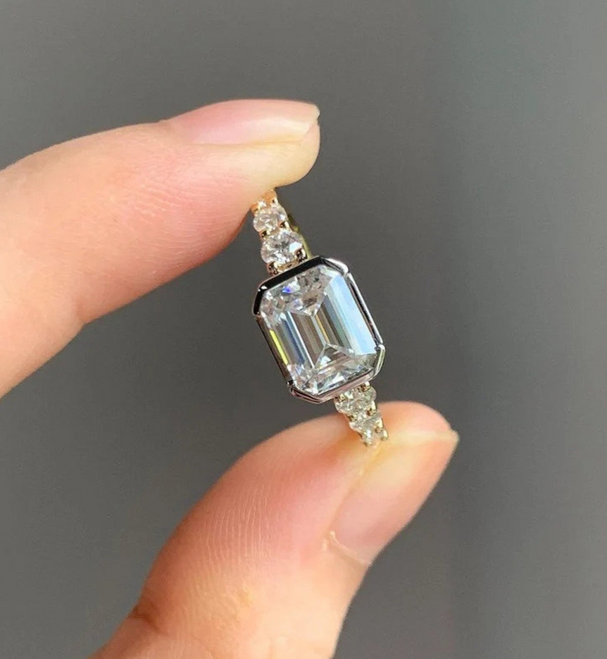 East West Emerald Cut Moissanite Vintage Engagement Ring Unique Anniversary Gift Ring