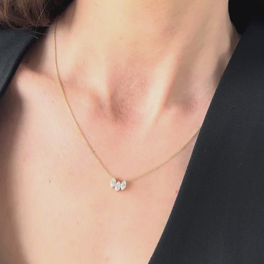 Three Marquise Diamond Pendant Necklace Minimalist Dainty 14k Solid Gold Charm Necklace Lab Grown Dainty Diamond Solitaire Pendant