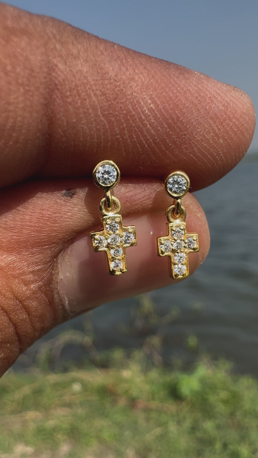 Dangling Cross Hoop Earrings 10K Natural Diamond Cross Stud Earrings Cross Flat Back Stud Piercing