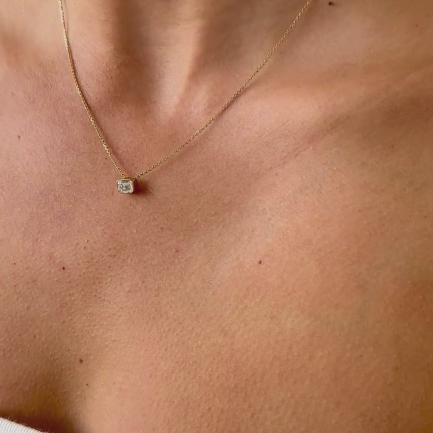 Emerald Diamond Pendant Necklace East West Bezel Set Charm Necklace Lab Grown Dainty Diamond Solitaire Everyday Pendant