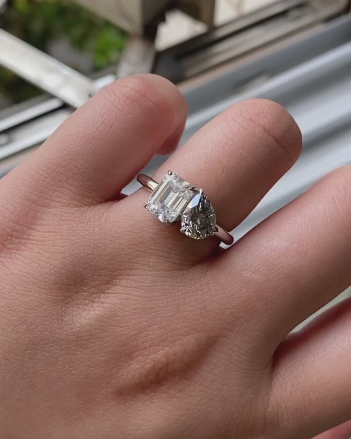 Two Stone Moissanite Engagement Ring Grey Pear & White Emerald Moissanite Toi Et Moi Ring