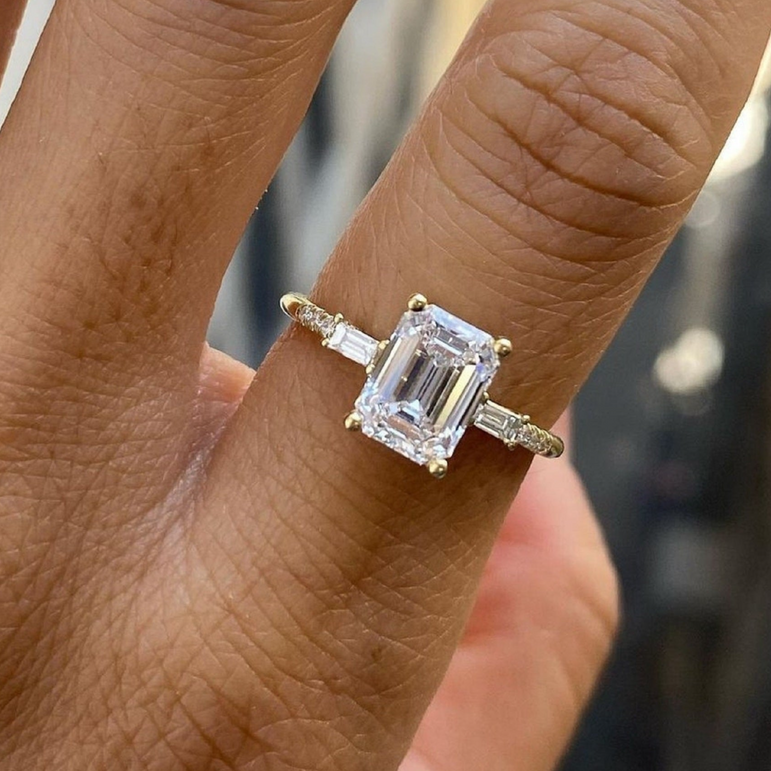 2.00 Ct Emerald Cut Moissanite Three Stone Engagement Ring